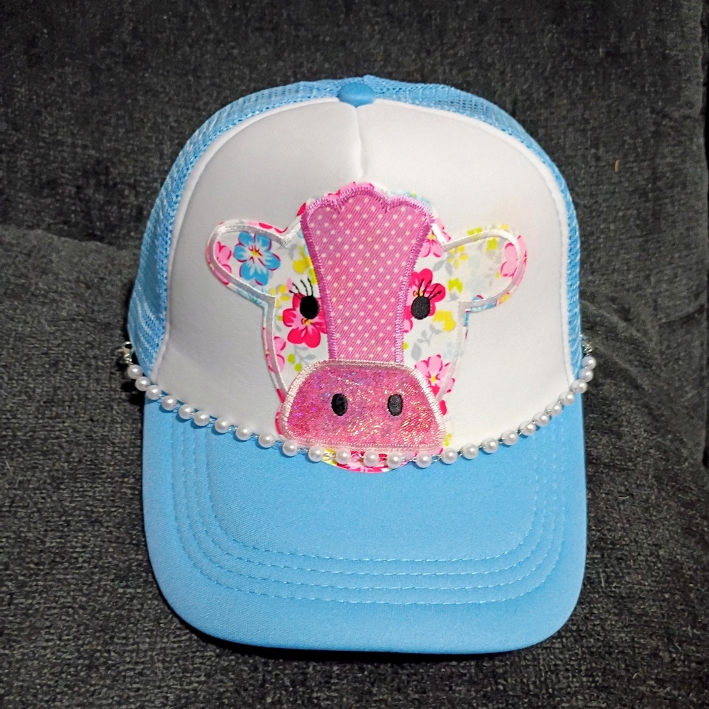Cute Blue and White Cap with Floral Cow Design